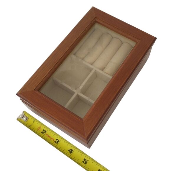 Vintage Jewelry Box Etched Glass Top Wood Tab Velvet Lined 80s 90s Hinge Dresser - Picture 7 of 16